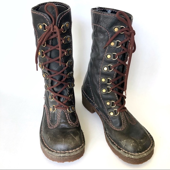 Vintage Shoes - Vintage 90s Does 70s Grunge Hippie Chunky Boots Italian Leather Lace Up Boho